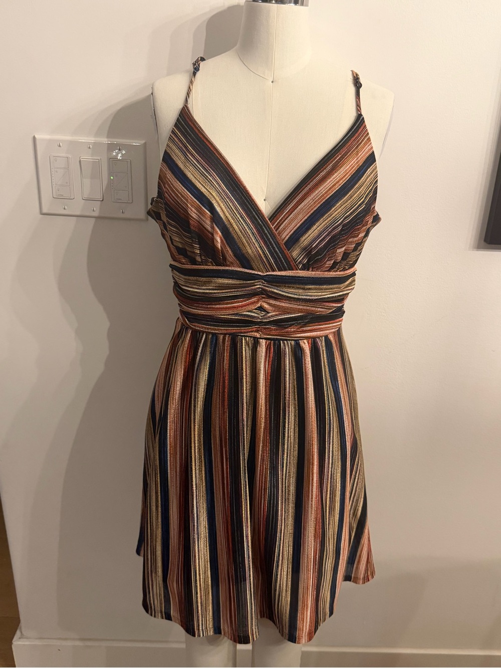 BCBGeneration Striped V-Neck Mini Dress in Multicolor Stripes